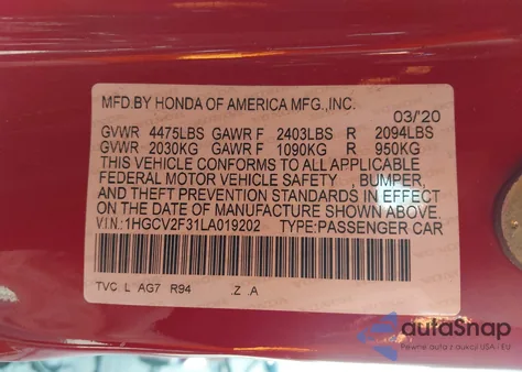 2020 Honda Accord Sport 2.0T from USA, damaged, VIN 1HGCV2F31LA019202